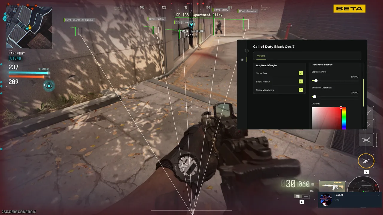 MW4 cheat Visuals menu with ESP box, health and view angle options during a live match
