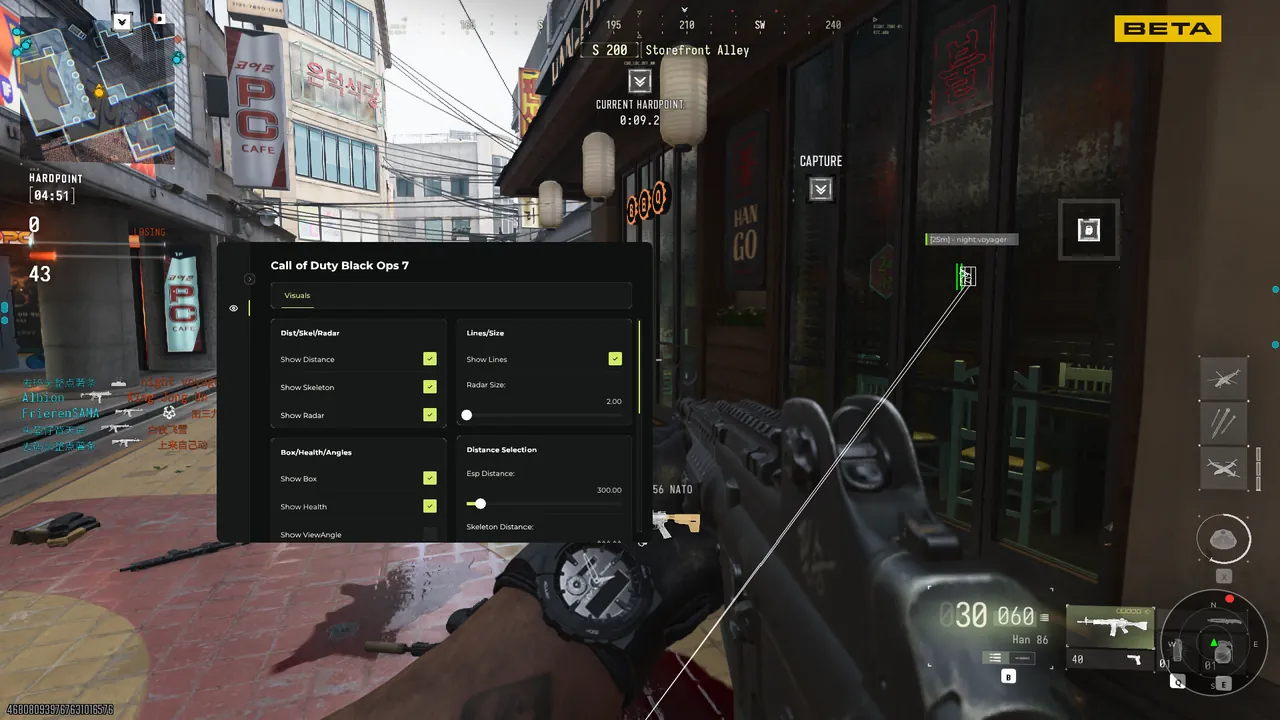 Modern Warfare 4 hack menu showing skeleton, radar and distance ESP settings in-game